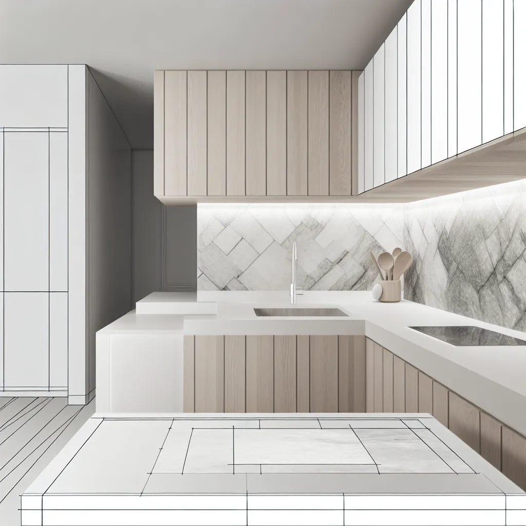 Architectural luxury kitchen with white stone and natural oak